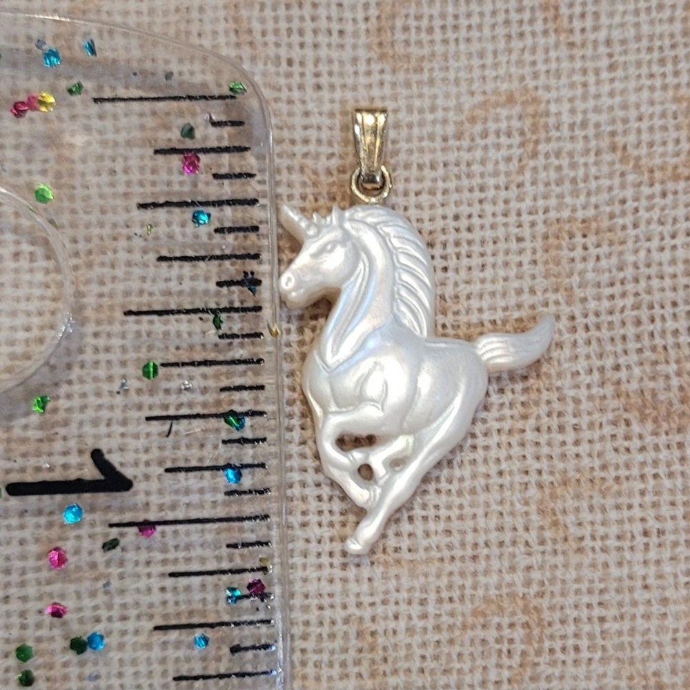 Vintage Carved Mother of Pearl Unicorn Pendant With 14k Gold Bail - Picture 3 of 6